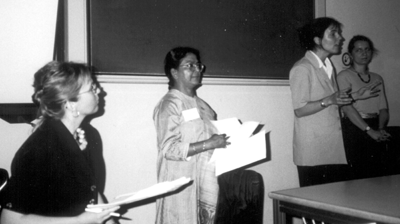 Participants answering questions at the symposium. From l. to r.: Dr Sarah Fraser, Dr Chhaya Haesner, Lilla Russell-Smith and Dr. Zsuzsanna Gulasci.